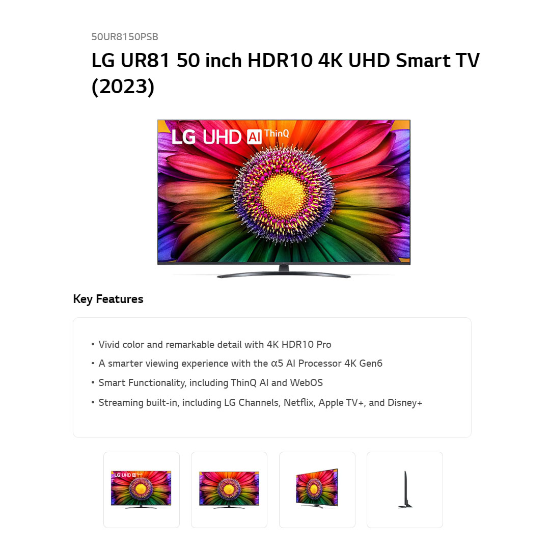 LG 50" 4K UHD Smart TV with AI ThinQ 50UR8150PSB | AI Sound | Wi-Fi | Filmmaker Mode | Netflix | Smart TV with 2 Year Warranty