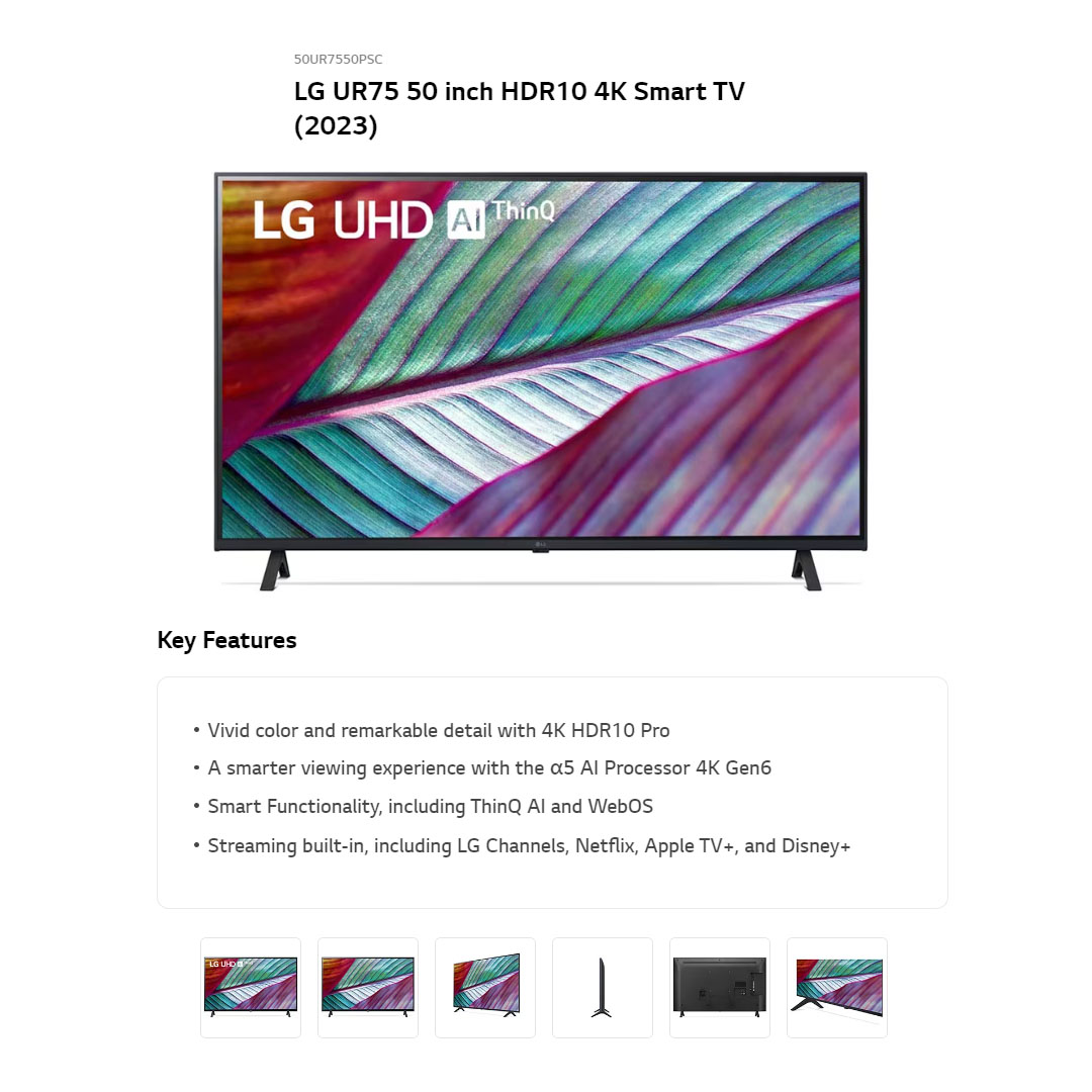 LG 55" 4K Smart TV with AI ThinQ 55UR7550PSC | AI Sound | Wi-Fi | Filmmaker Mode | Netflix | Smart TV with 2 Year Warranty