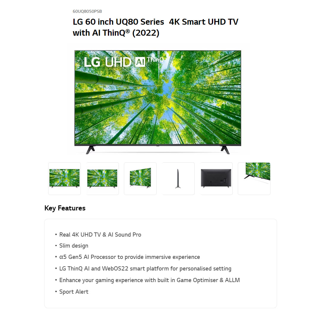 LG 60" 4K UHD Smart TV with AI ThinQ 60UQ8050PSB | AI Sound | Wi-Fi | Filmmaker Mode | Netflix | HDR | Smart TV with 2 Year Warranty