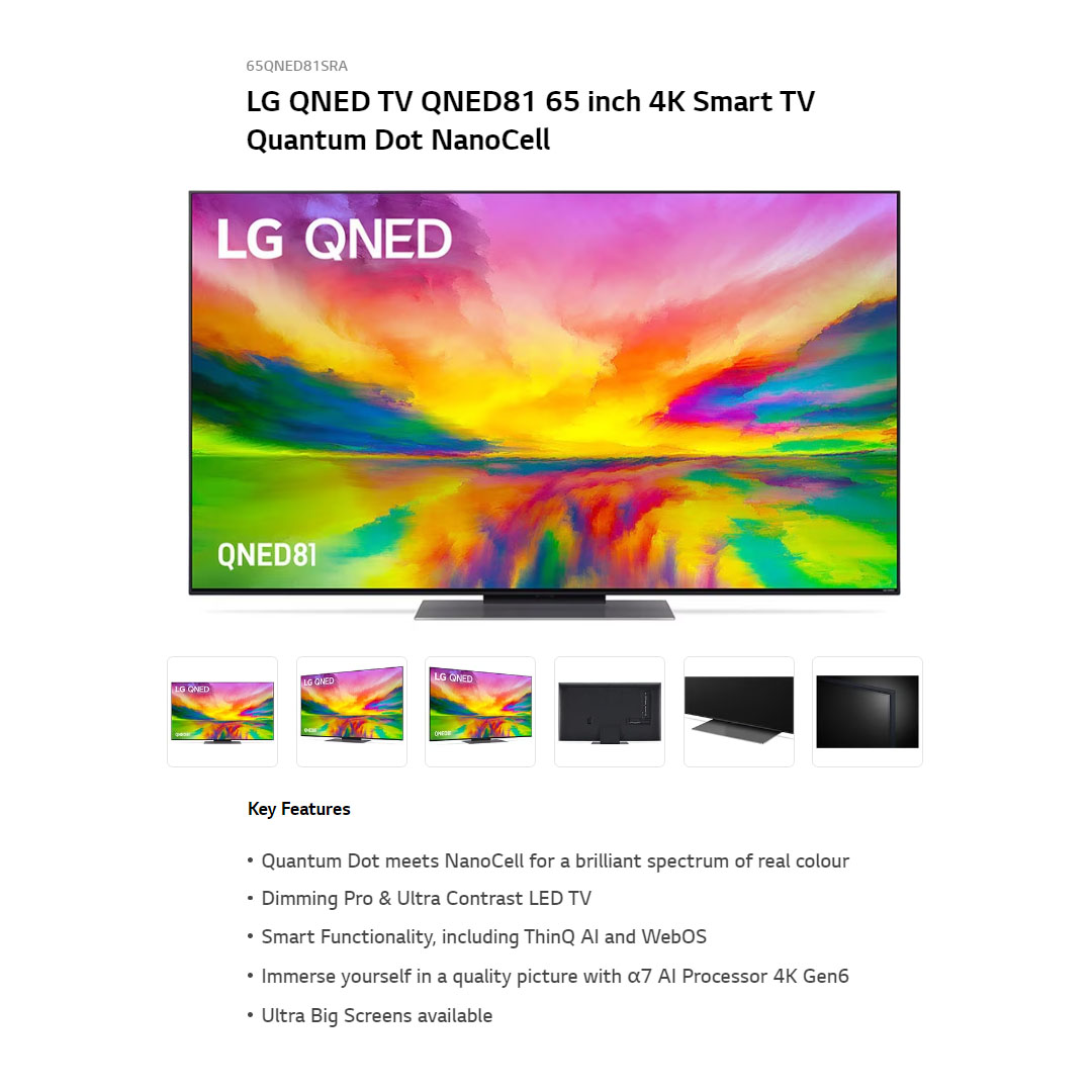 LG 65" QNED 4K UHD Smart TV 65QNED81SRA | α7 AI Processor 4K Gen6 | HDR10 | webOS 23 | HDMI | USB | Smart TV with 2 Year Warranty