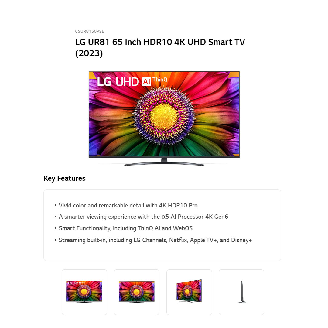 LG 65" 4K UHD Smart TV with AI ThinQ 65UR8150PSB  | AI Sound | Wi-Fi | Filmmaker Mode | Netflix | Smart TV with 2 Year Warranty