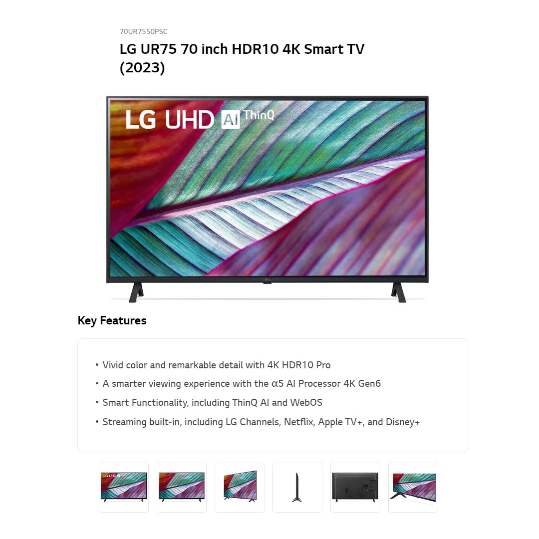 LG 70" 4K Smart TV with AI ThinQ 70UR7550PSC | AI Sound | Wi-Fi | Filmmaker Mode | Netflix | Smart TV with 2 Year Warranty