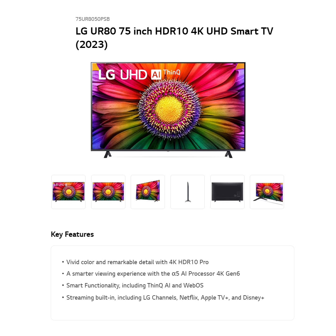 LG 75" 4K UHD Smart TV with AI ThinQ 75UR8050PSB | AI Sound | Wi-Fi | Filmmaker Mode | Netflix | HDMI | WebOS 23 |Smart TV with 2 Year Warranty