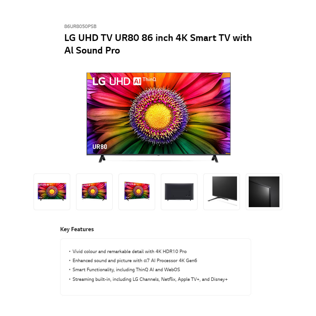 LG 86" 4K UHD Smart TV with AI ThinQ 86UR8050PSB | AI Sound | Wi-Fi | Filmmaker Mode | Netflix | HDMI | WebOS 23 |Smart TV with 2 Year Warranty