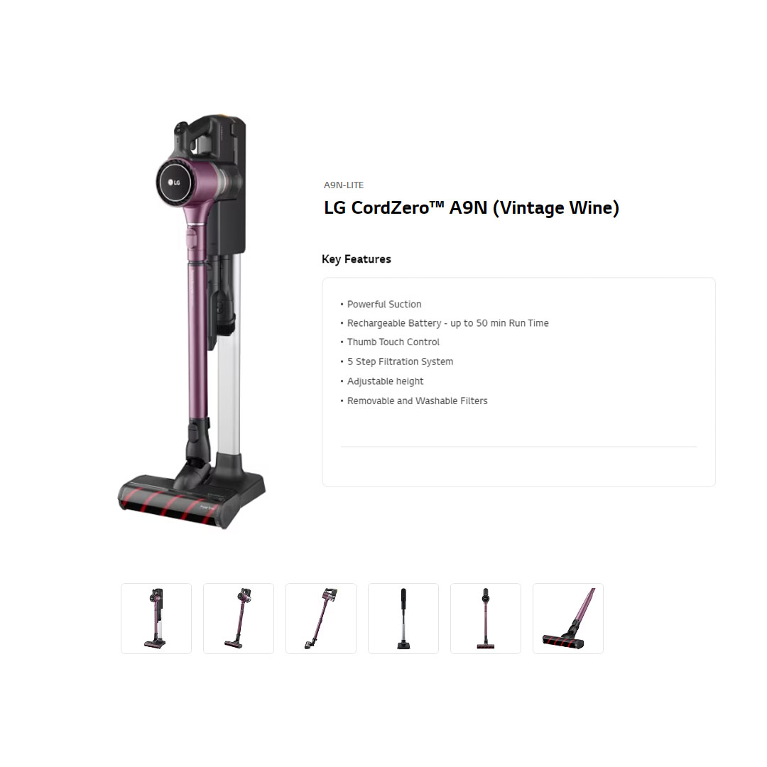 LG 480W CordZero Vacuum Cleaner Stick Vintage A9N-LITE | Powerful Suction | Thumb Touch Control | Adjustable height | Vacuum-Mop with 2 Year Warranty