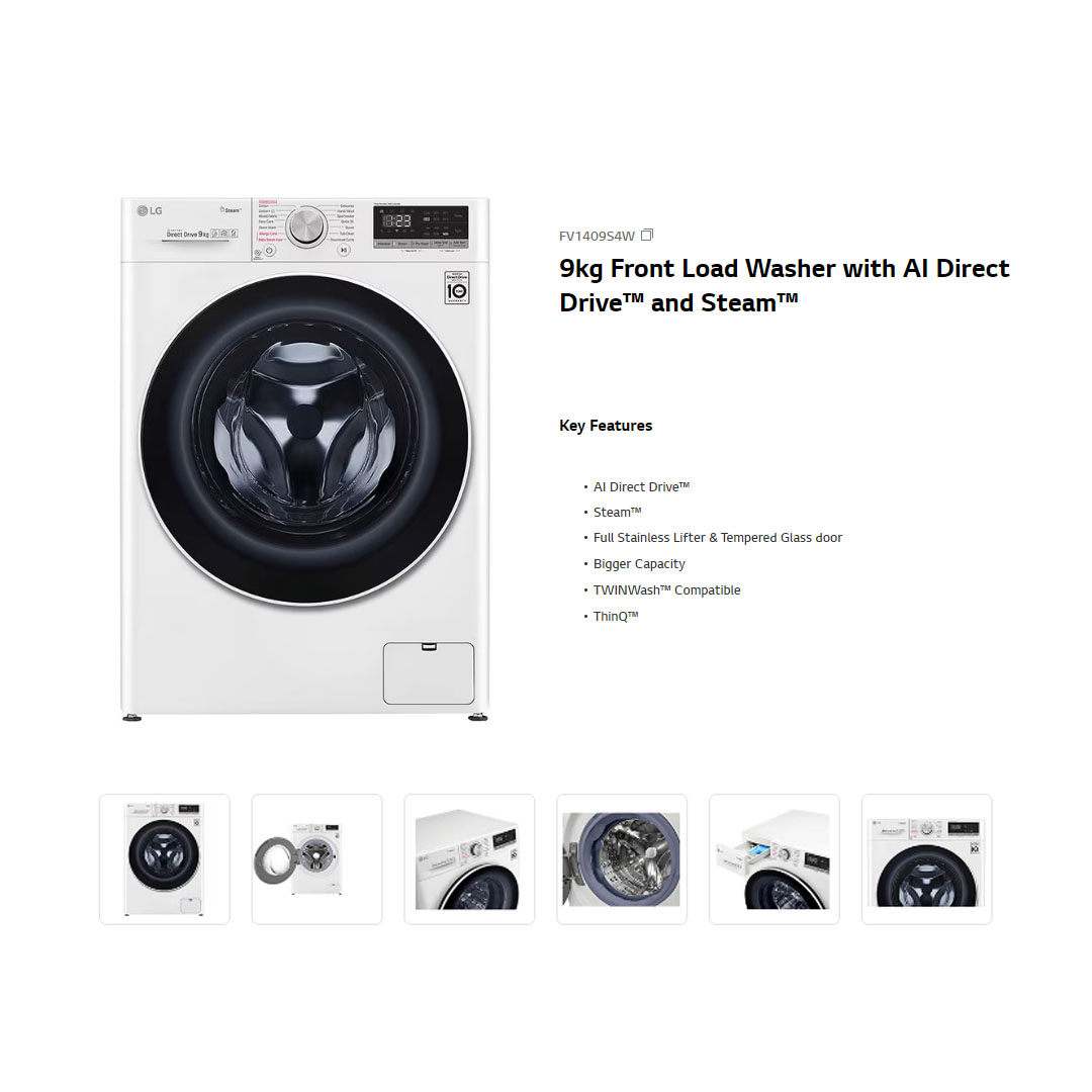 LG 9KG Front Load Washer with AI Direct Drive and Steam FV1409S4W  | Wifi | 6 Motion | Allergy Care | Quick 30 | Smart Diagnosis | Easy Care | Tub Clean | Cotton+ | Delicate | Silent Wash | Washer Dryer with 1 Year Warranty