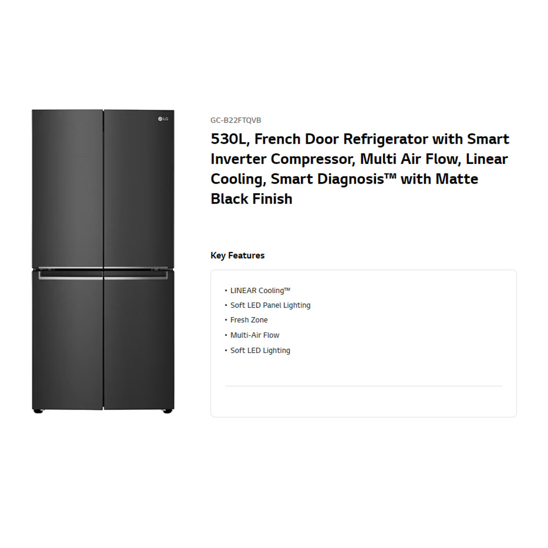 LG 530L Multi Doors Smart Inverter Refrigerator GC-B22FTQVB | LINEAR Cooling™ | Soft LED Panel Lighting | Fresh Zone | Refrigerator with 1 Year Warranty