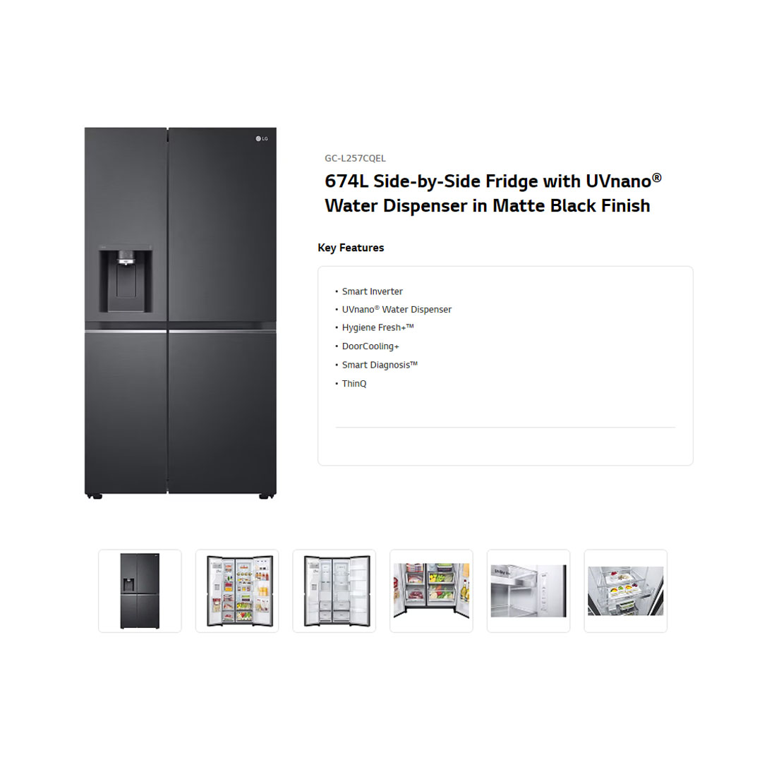 LG 674L Side by side with UVnano Water Dispenser Smart Inverter Refrigerator GC-L257CQEL | DoorCooling+ | Smart Diagnosis™ | ThinQ | Refrigerator with 1 Year Warranty