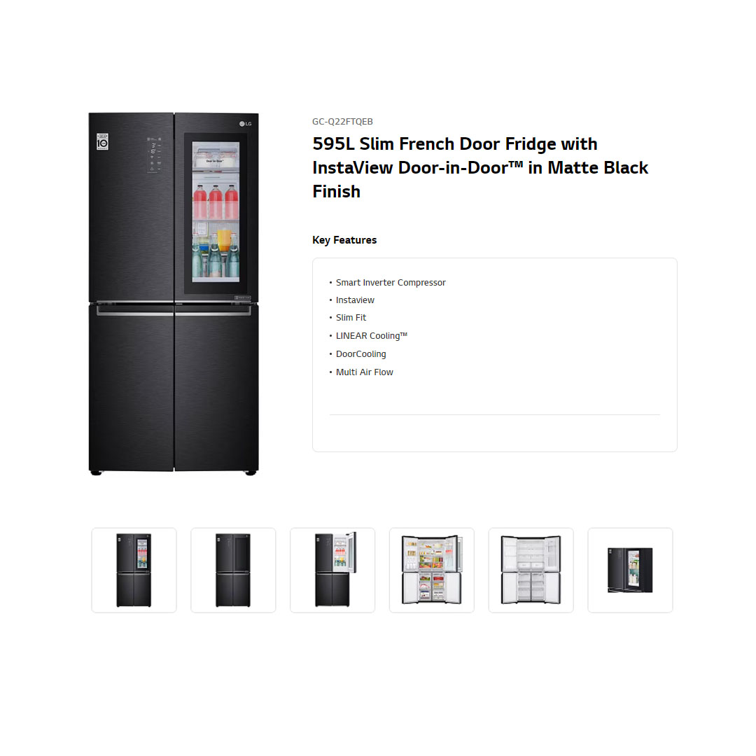 LG 595L Multi Doors with InstaView & Door-in-Door Smart Inverter Refrigerator GC-Q22FTQEB | Slim Fit | LINEAR Cooling™ | DoorCooling | Refrigerator with 1 Year Warranty