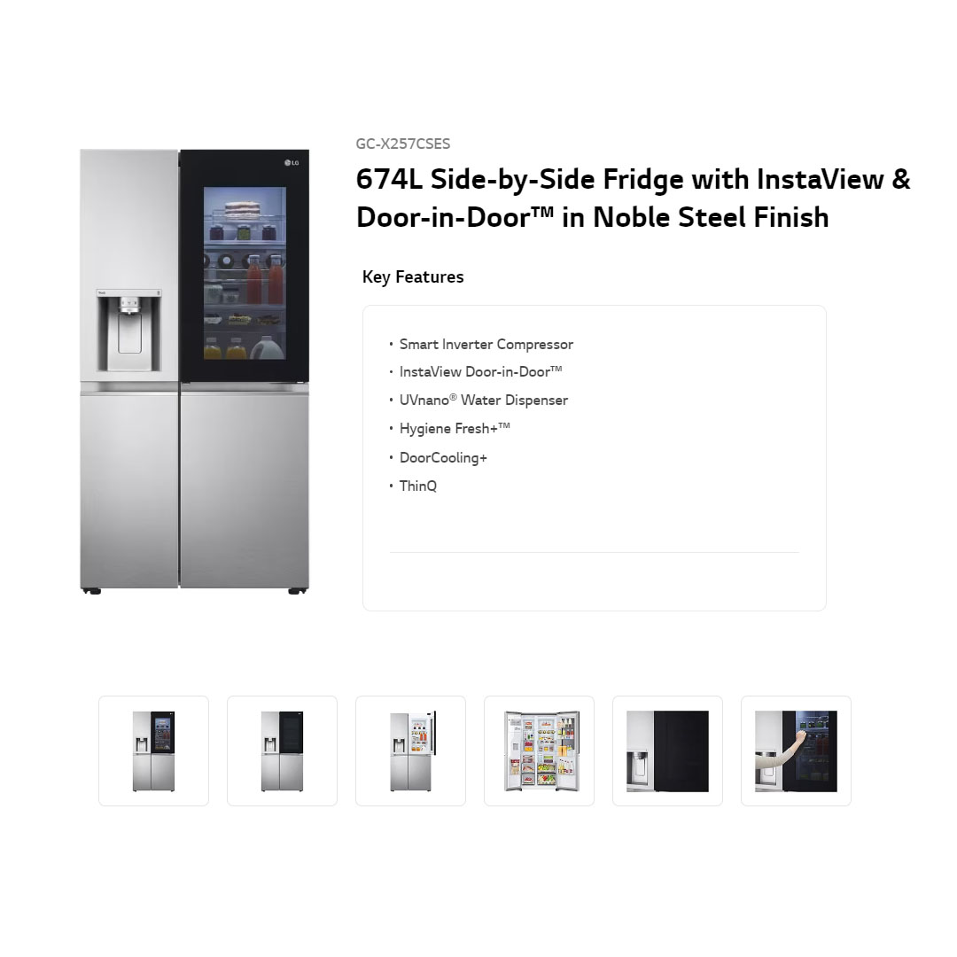 LG 674L Side by side with InstaView & Door-in-Door Smart Inverter Refrigerator GC-X257CSES | Hygiene Fresh+™ | DoorCooling+ | ThinQ | Refrigerator with 1 Year Warranty