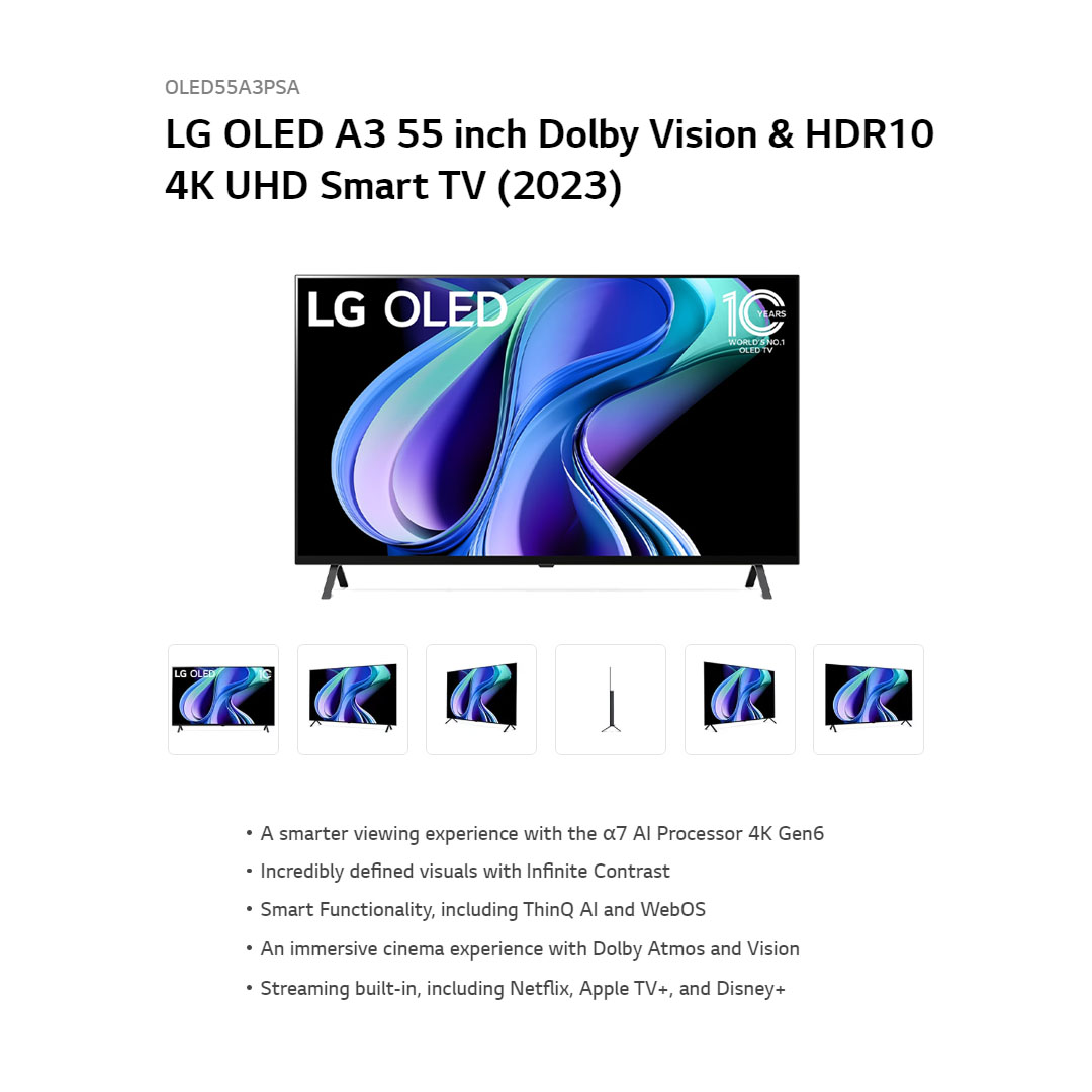 LG 55" 4K UHD Smart TV with AI ThinQ OLED55A3PSA | α7 AI Processor 4K Gen6 | HDR10 | webOS 23 | HDMI | USB | Smart TV with 2 Year Warranty