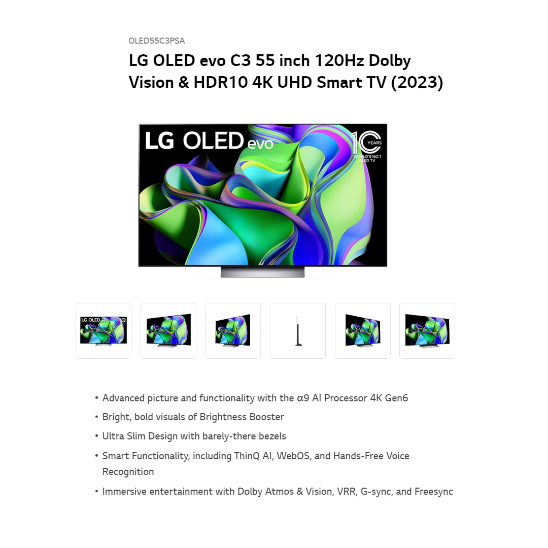 LG 55" 4K UHD Smart TV with AI ThinQ OLED55C3PSA | AI Super Upscaling 4K | AI Picture Pro | α9 AI Processor 4K Gen6 | Bluetooth | Dolby Vision | Ultra Slim Design | Smart TV with 2 Year Warranty