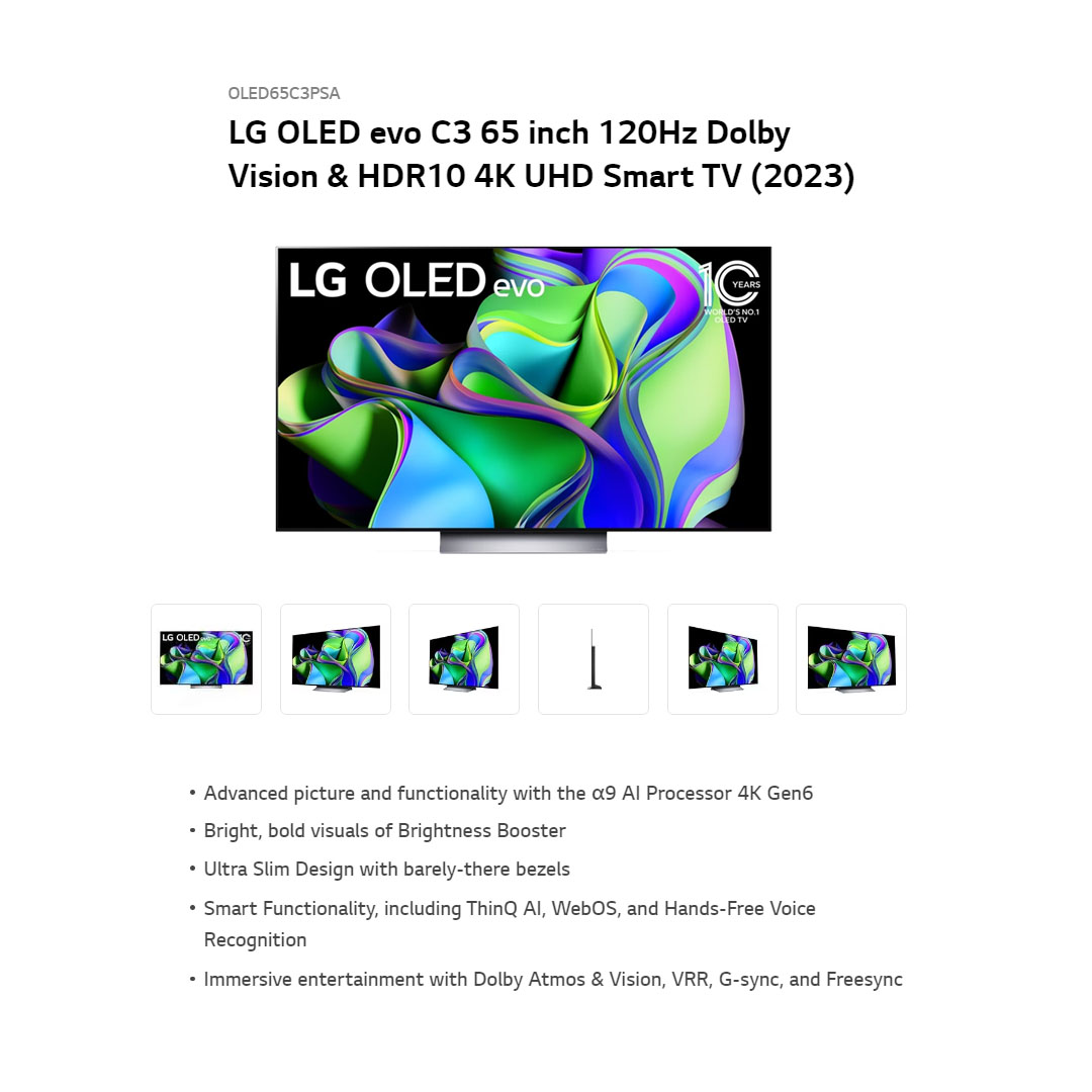 LG 65" 4K UHD Smart TV with AI ThinQ  OLED65C3PSA | Self-Lit OLED evo | α9 AI Processor 4K Gen6 | Brightness Booster Powering a Brighter | Hands-Free Voice Recognition | Smart TV with 2 Year Warranty
