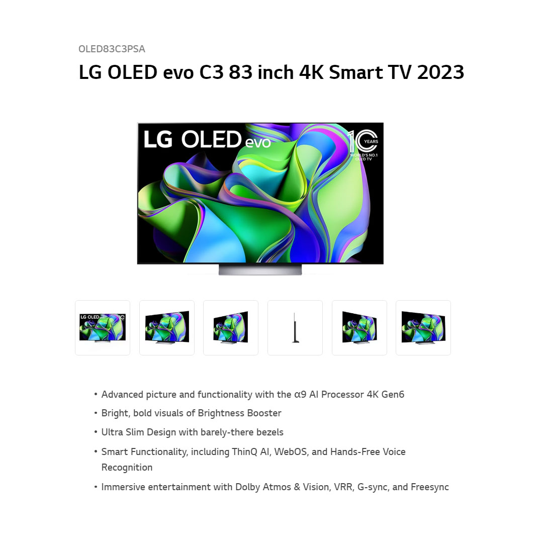 LG 83" 4K UHD Smart TV with AI ThinQ  OLED83C3PSA | α9 AI Processor 4K Gen6 | Bright, Bold Visuals of Brightness Booster | Ultra Slim Design for Minimalist Interiors | Hands-Free Voice Recognition | Smart TV with 2 Year Warranty