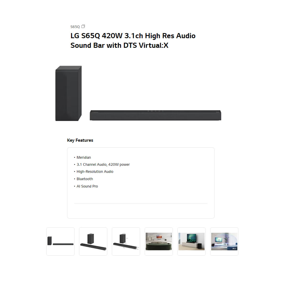 LG 420W Sound Bar with DTS Virtual:X S65Q | AI Sound Pro | Meridian | 3.1 Channel Audio | Sound Bar with 1 Year Warranty
