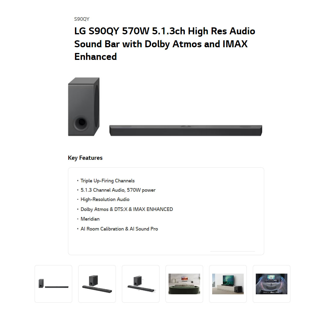 LG 570W Sound Bar with Dolby Atmos and IMAX Enhanced S90QY | AI Room Calibration | AI Sound Pro | High-Resolution Audio | Sound Bar with 1 Year Warranty