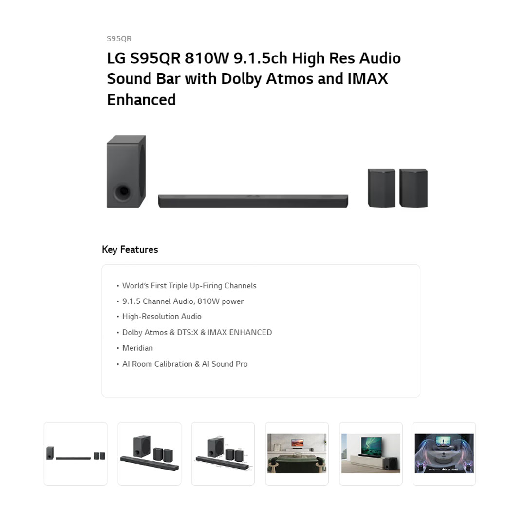 LG 810W Sound Bar with Dolby Atmos and IMAX Enhanced S95QR | High-Resolution Audio | HDMI In / Out | USB | Bluetooth | Sound Bar with 1 Year Warranty