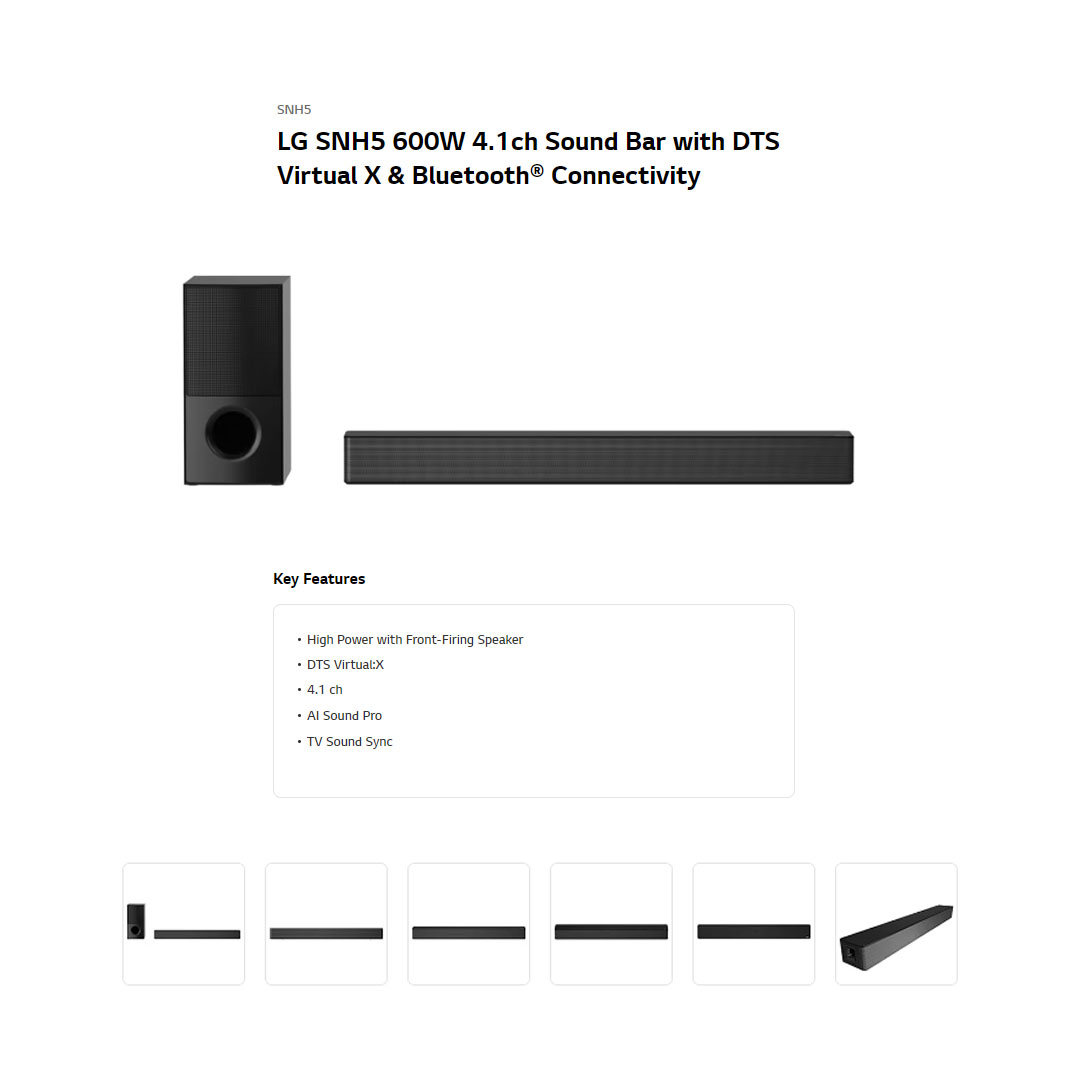 LG 600W Sound Bar with DTS Virtual X & Bluetooth Connectivity SNH5 | AI Sound Pro | TV Sound Sync | 4.1 ch | Sound Bar with 1 Year Warranty