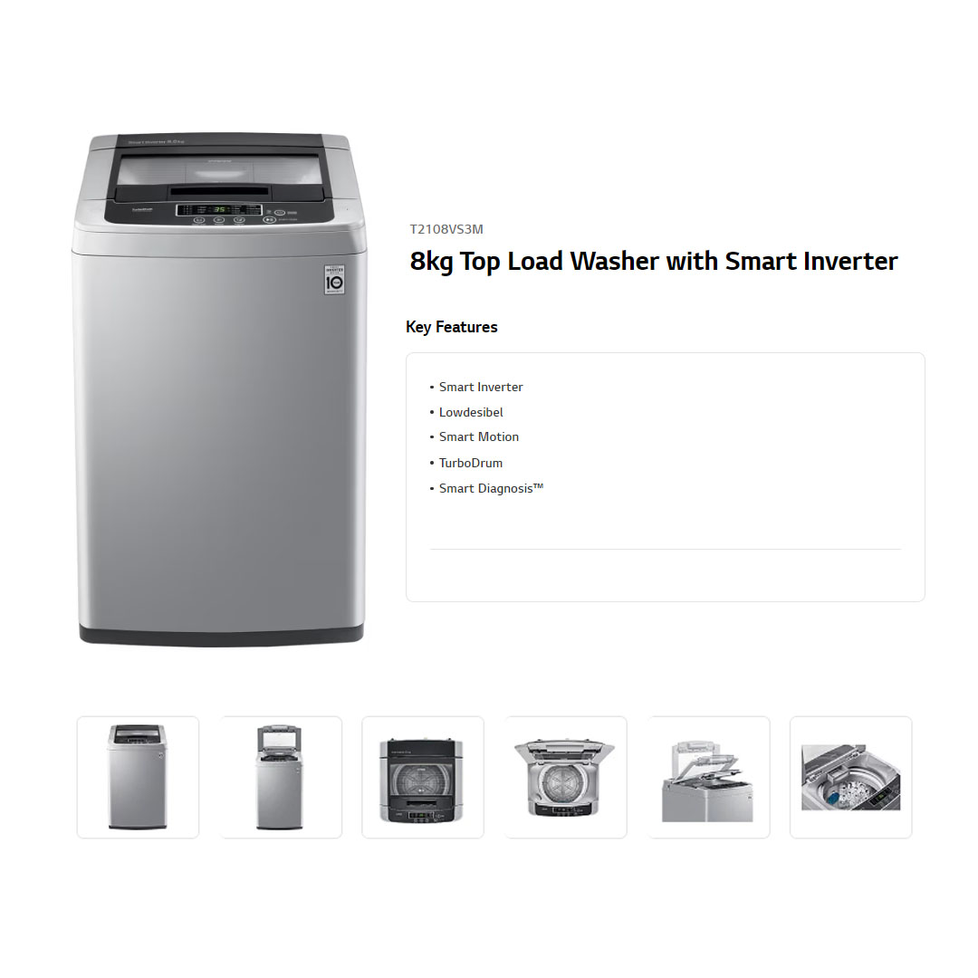 LG 8KG Top Load Smart Inverter Washing Machine T2108VS3M | Smart Motion | TurboDrum | Smart Diagnosis™ | Washing Machine with 1 Year Warranty