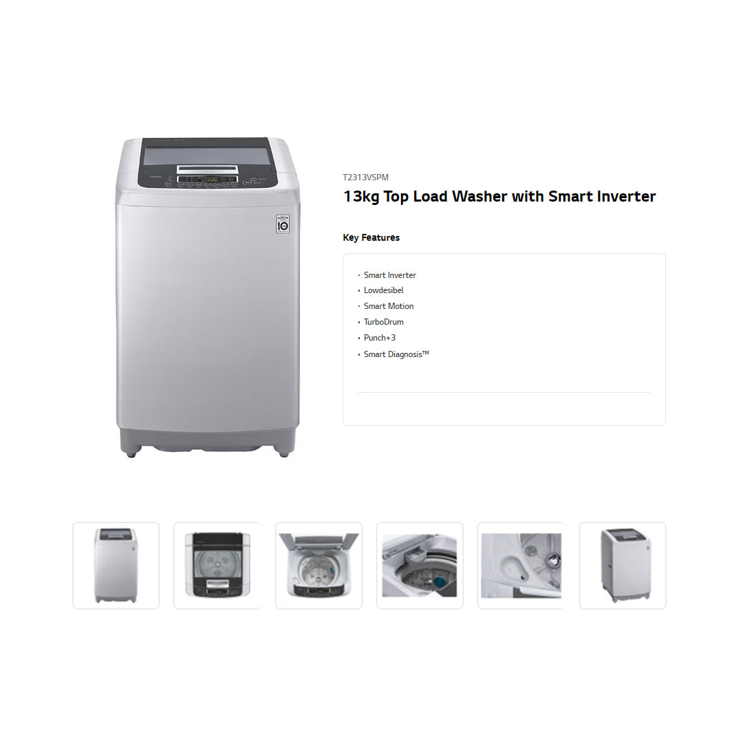 LG 13KG Top Load Smart Inverter Washing Machine T2313VSPM | TurboDrum | Punch+3 | Smart Diagnosis™ | Washing Machine with 1 Year Warranty