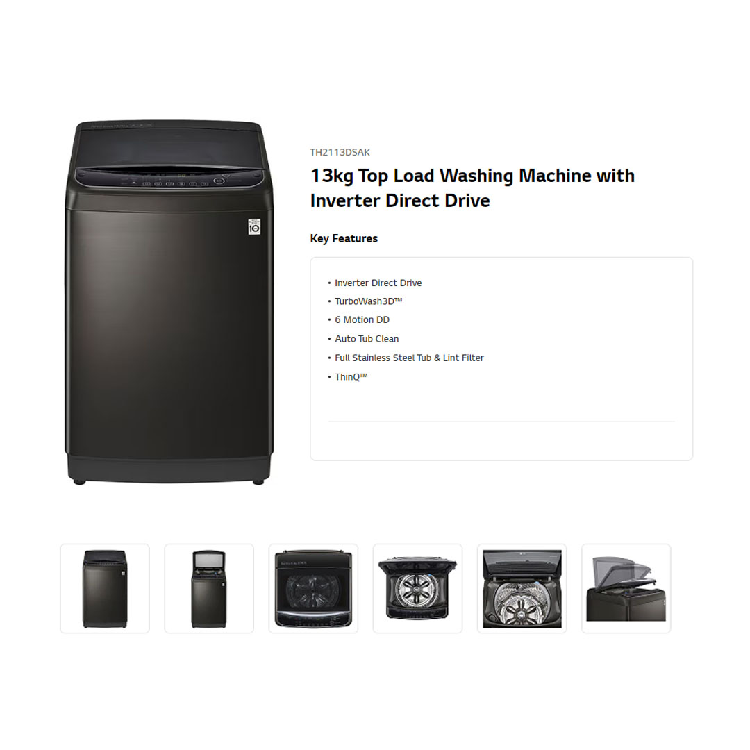 LG 13KG Top Load with Direct Drive Inverter Washing Machine TH2113DSAK | TurboWash3D™ | 6 Motion DD | Auto Tub Clean | Washing Machine with 1 Year Warranty