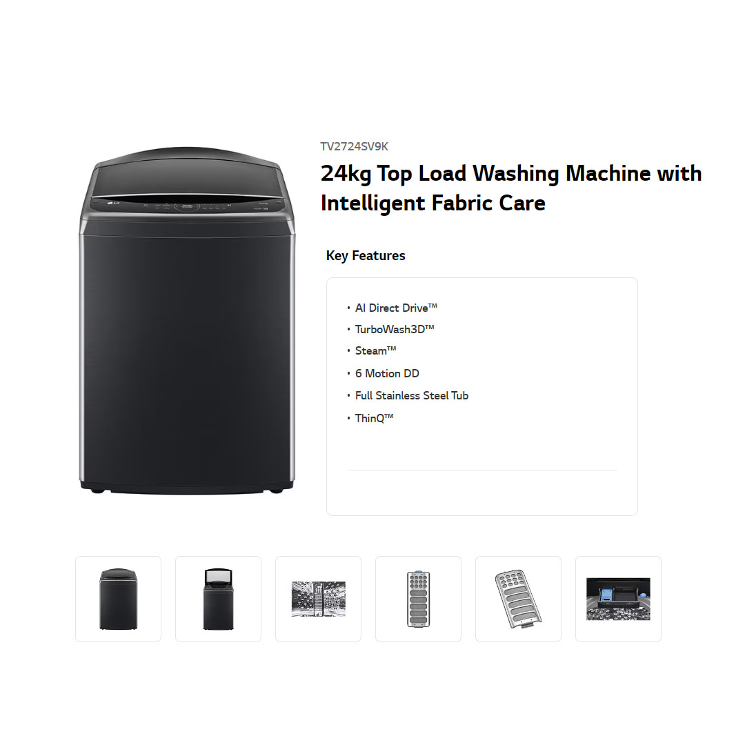 LG 24KG Top Load Direct Drive Inverter with Intelligent Fabric Care Washing Machine TV2724SV9K | TurboWash3D™ | Steam™ | ThinQ™ | Washing Machine with 1 Year Warranty