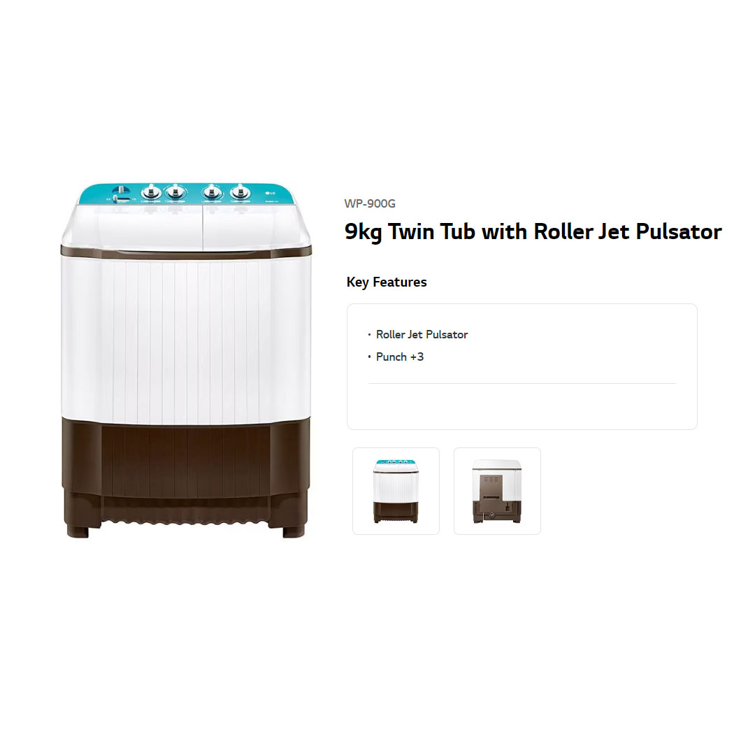 LG 9KG Semi-Auto Twin Tub with Roller Jet Pulsator Washing Machine WP-900G | Punch +3 | Wind Jet Spray | 3 Wash Program | Washing Machine with 1 Year Warranty