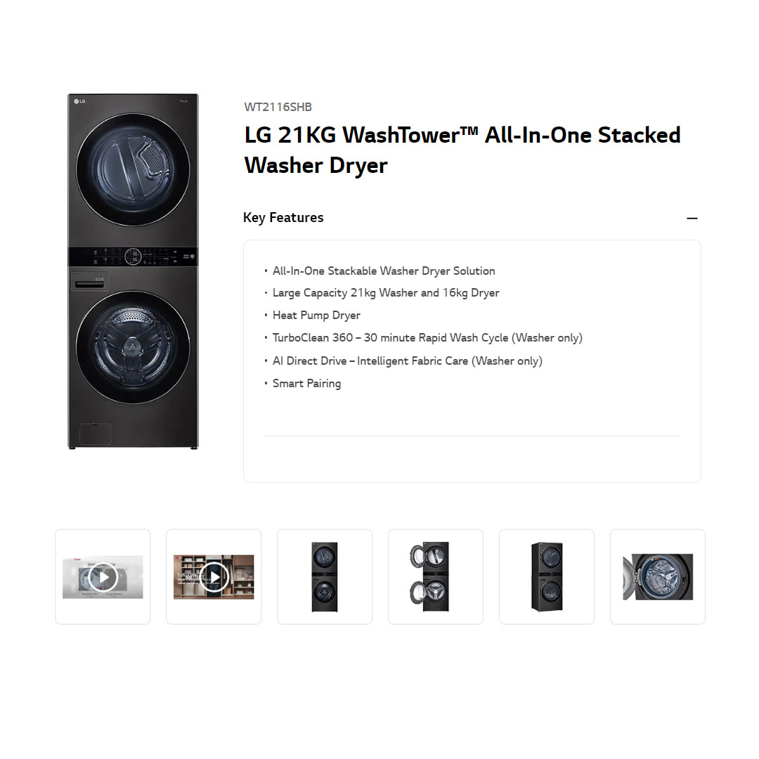 LG 21KG/16KG All-In-One Stacked Washer Dryer with AI Direct Drive WT2116SHB | Heat Pump Dryer | Smart Pairing | Safety Lock | Washer Dryer with 1 Year Warranty