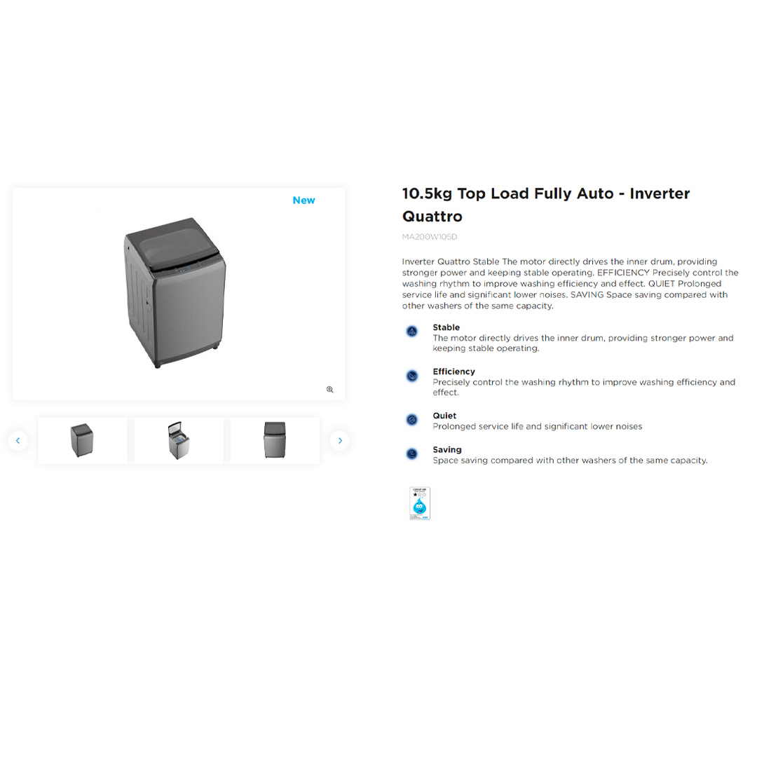 Midea 10.5KG Top Load Washing Machine With Inverter Quattro MA200W105D | Soft Close Lid | Auto Stop | Child Lock | Washing Machine | 2 Year Warranty