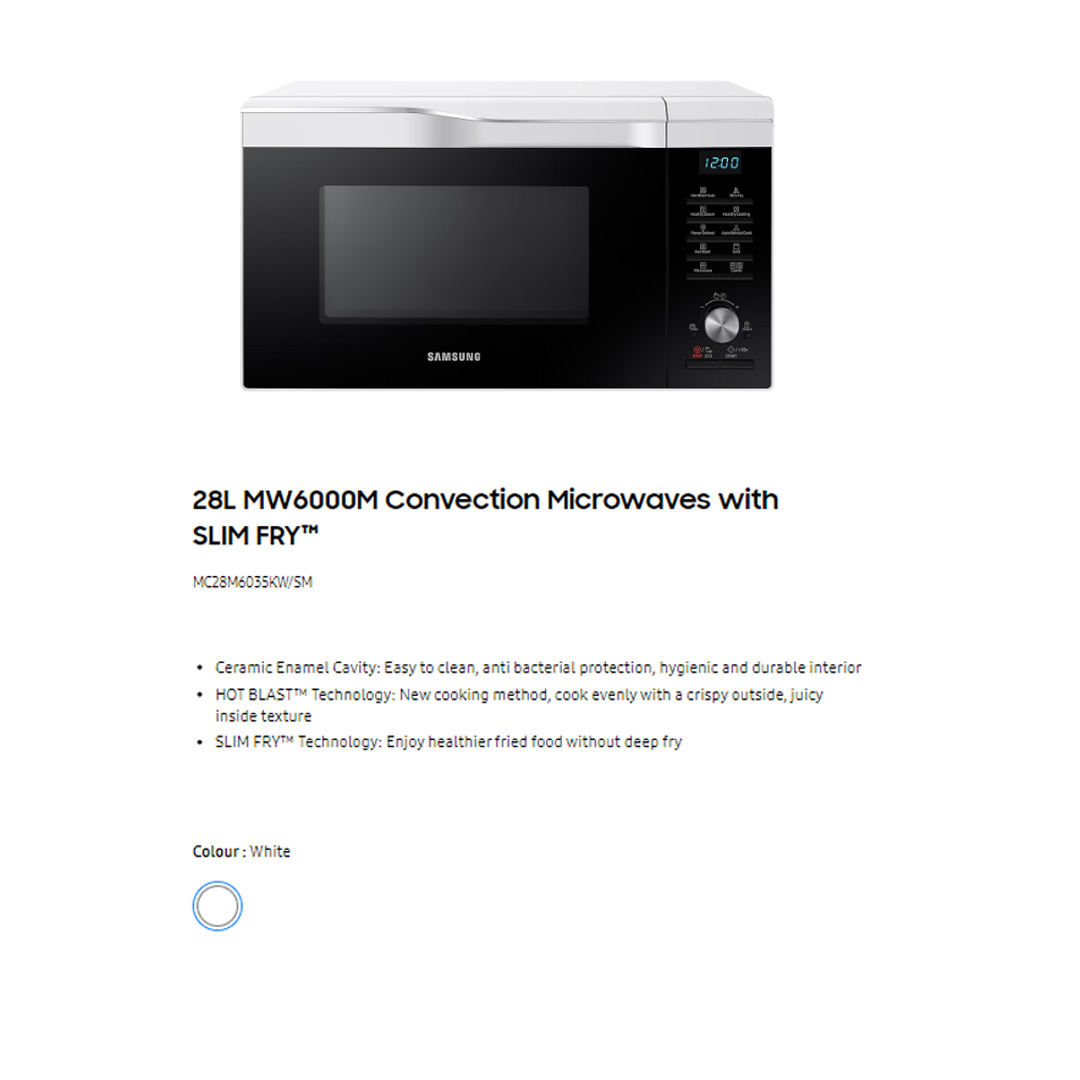SAMSUNG 28L Convection Microwaves Oven with Slim Fry MC28M6035KW/SM | HOT BLAST™ | Ceramic Enamel Interior | Preheat | SLIM FRY™ | Eco Mode | Microwaves Oven with 1 Year Warranty