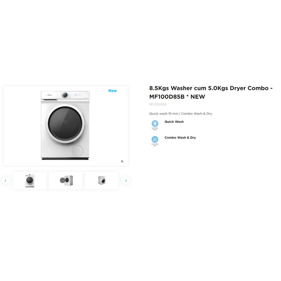 Midea 8.5KG/5KG Front Load Washer Dryer With Inverter Quattro MF100D85B | Inverter Motor | Auto Clean | 45min Rapid Wash | 2 Year Warranty