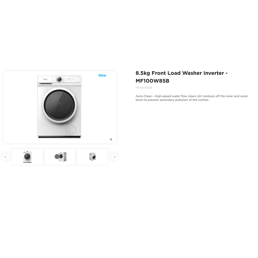 Midea 8.5KG Front Load Inverter Washing Machine MF100W85B | One Touch Pre-Wash | Broad Vision Port | Inverter Motor | 2 Years Warranty
