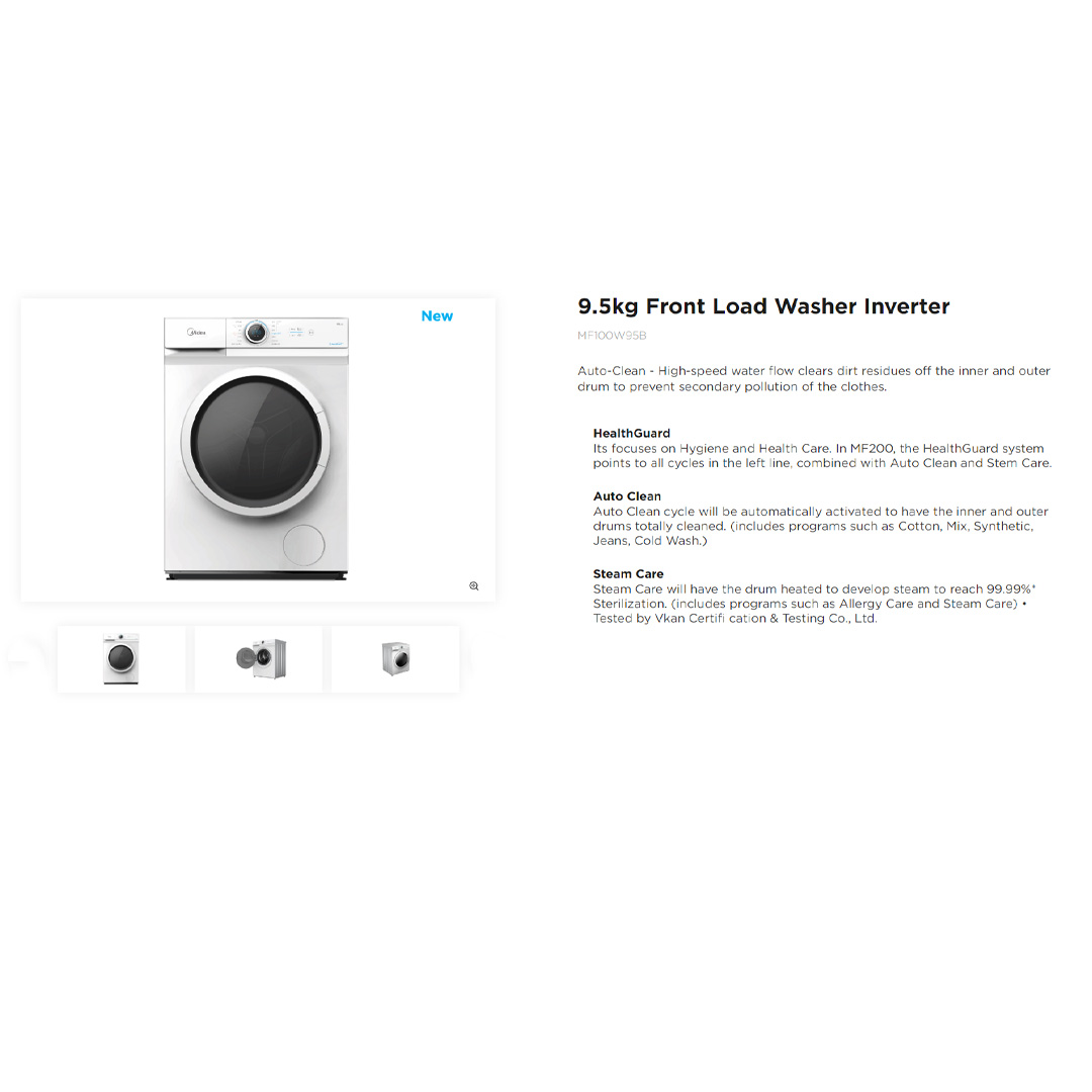 Midea 9.5KG Front Load Inverter Washing Machine MF100W95B | One Touch Pre-Wash | Broad Vision Port | Inverter Motor | 2 Years Warranty