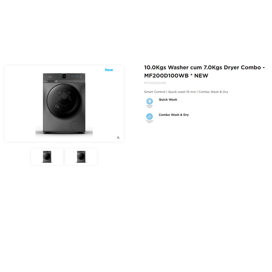Midea 10KG/7KG Front Load Washer Dryer With Inverter Quattro MF200D100WB  | Inverter Motor | Smart Control | Auto Clean | 2 Years Warranty