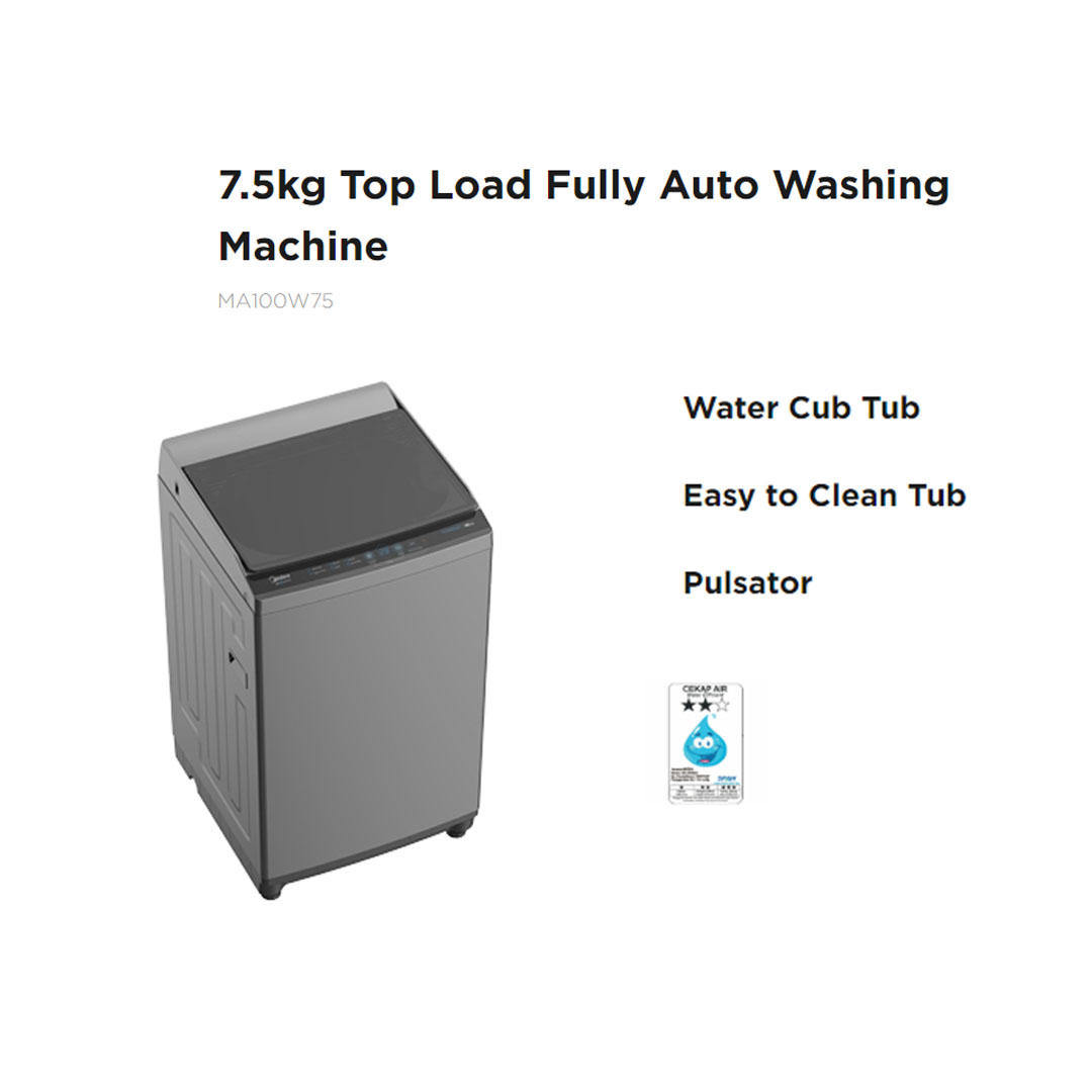 Midea 7.5KG Top Load Washing Machine MA100W75 | Lunar Dial | 15' Quick Wash | One-Touch Smart Wash | Auto Clean | Hygiene | Lint Filter | Washing Machine with 2 Year Warranty