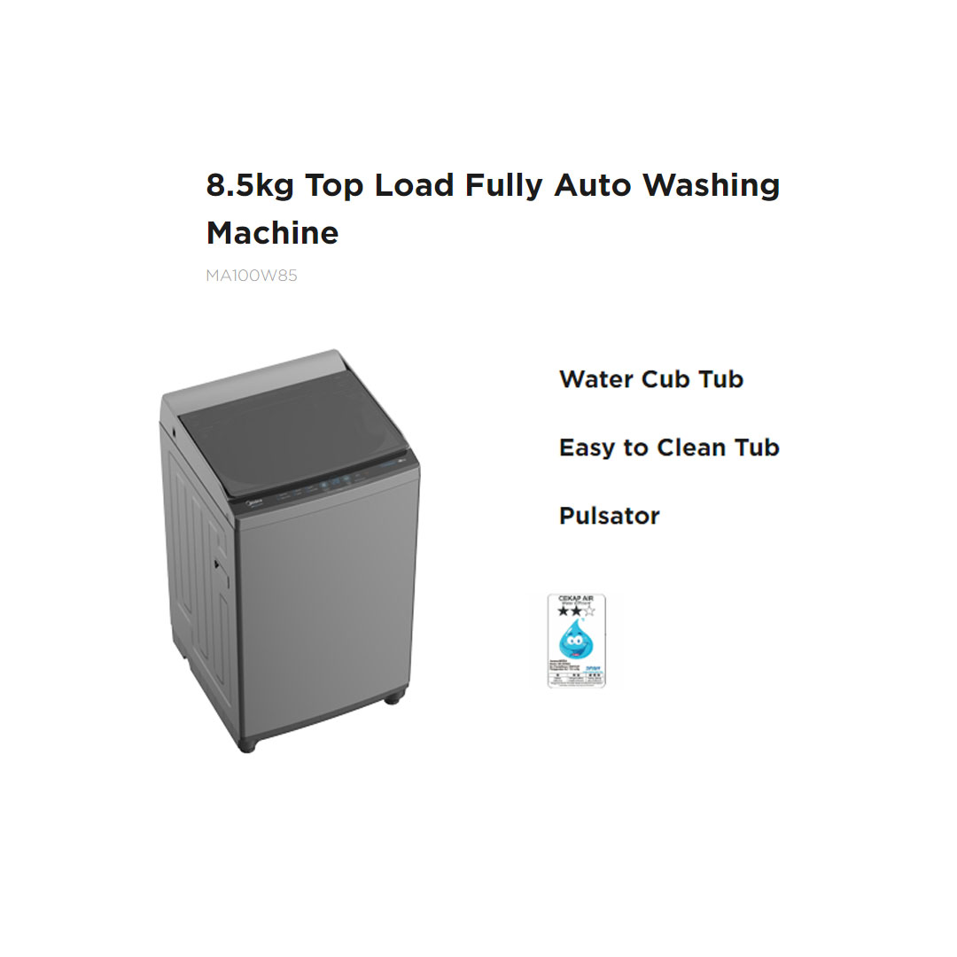 Midea 8.5KG Top Load Washing Machine  MA100W85 | Lunar Dial | Pulsator | 15' Quick Wash | One-Touch Smart Wash | Auto Clean | Lint Filter | Hygiene | Washing Machine with 2 Year Warranty