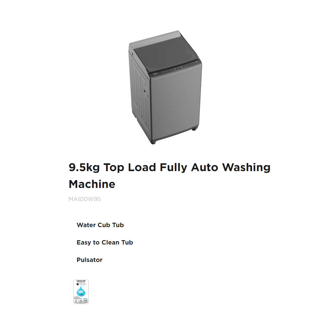 Midea 9.5KG Top Load Washing Machine  MA100W95 | 5' Quick Wash | One-Touch Smart Wash | Auto Clean | Water Cub Tub | Washing Machine with 2 Year Warranty
