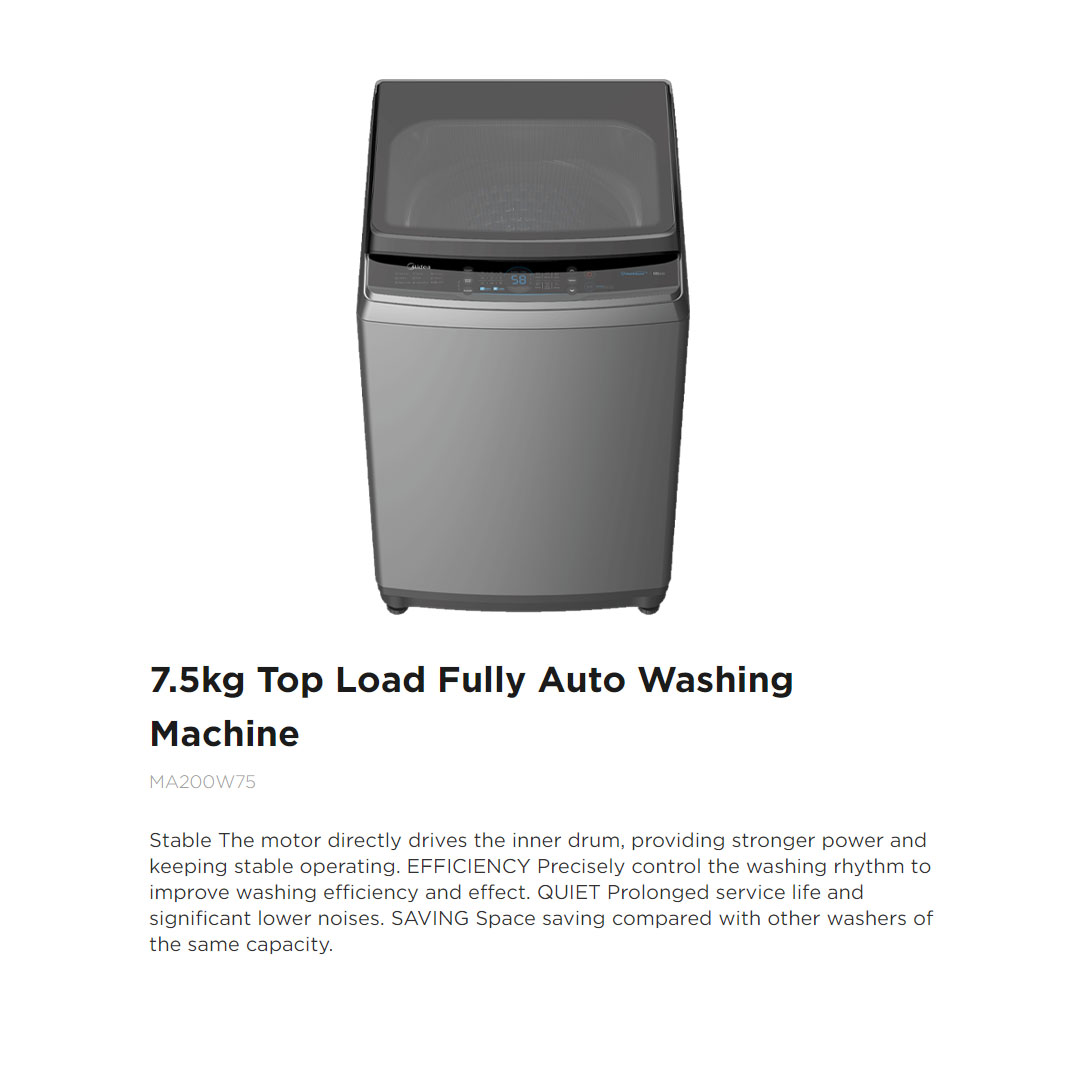 Midea 7.5KG Top Load Washing Machine MA200W75 | AirFresh | Soft Close Lid | Auto Stop | One-Touch Smart Wash | Child Lock |  Auto Clean | Hygiene+ | Deep Clean | Turbo | Lunar Dial | Washing Machine with 2 Year Warranty