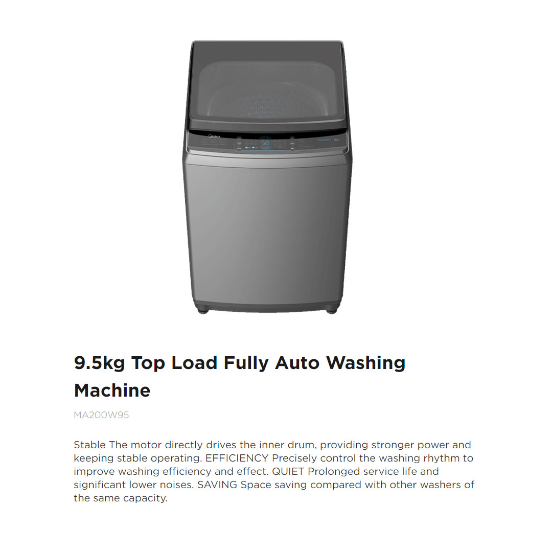 Midea 9.5KG Top Load Washing Machine MA200W95 | AirFresh | Soft Close Lid | Auto Stop | One-Touch Smart Wash | Child Lock |  Auto Clean | Hygiene+ | Deep Clean | Turbo | Lunar Dial | Washing Machine with 2 Year Warranty