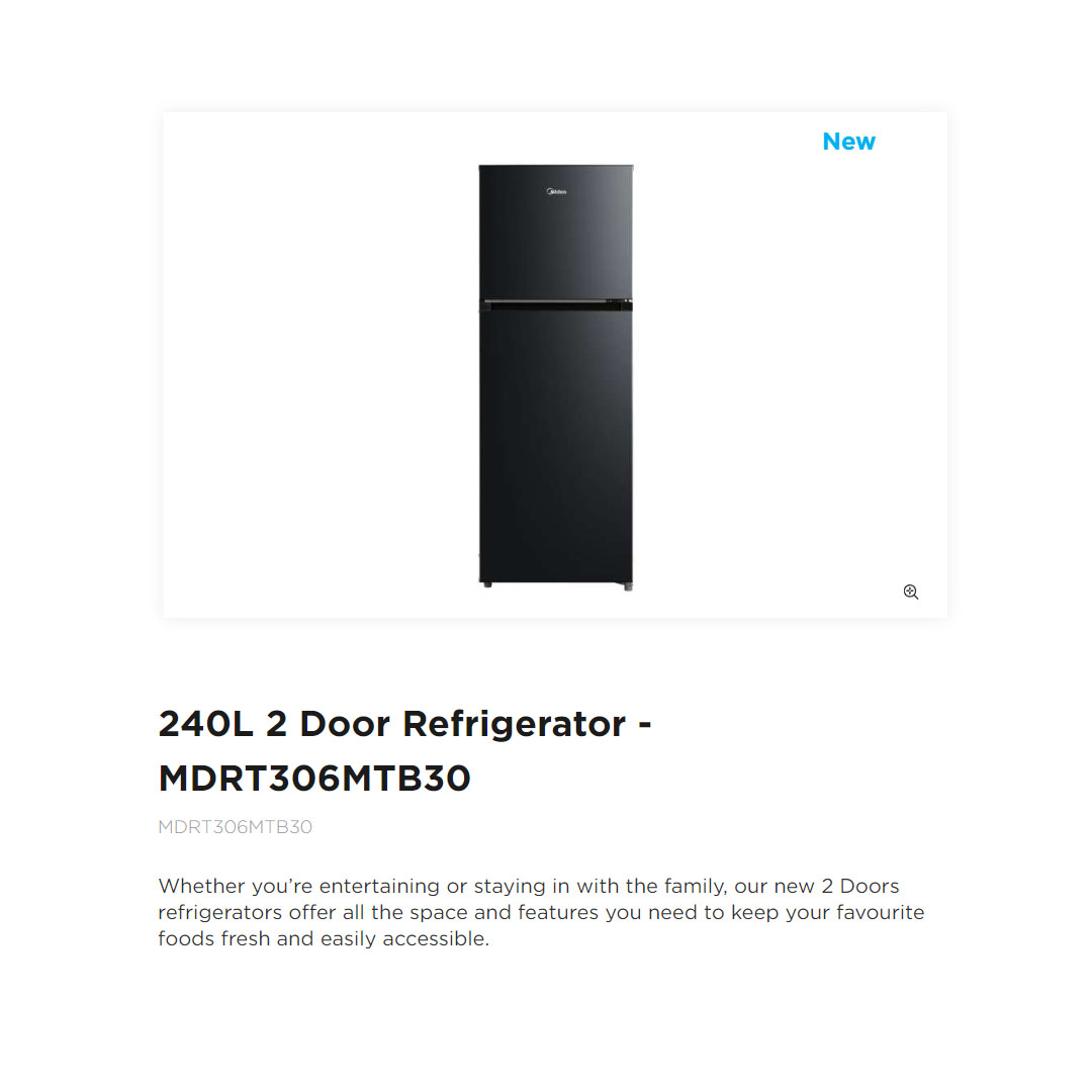 Midea 240L 2 Doors Inverter Top Mount Refrigerator  MDRT306MTB30 | Inverter Quattro | Active-C Fresh | Big Cooling Zone | Big Ice Tray | Smart Sensor | Electronic Control | Highlight LED | Refrigerator with 1 Year Warranty