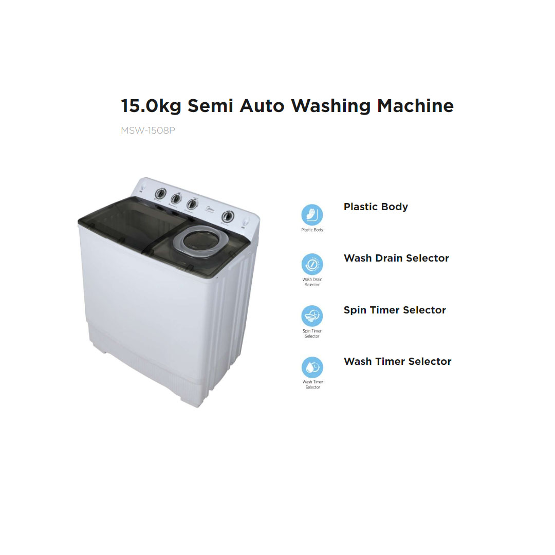 Midea 15KG Semi-Auto Washing Machine MSW-1508P | Wash Drain Selector | Wash Timer Selector | Spin Timer Selector | Fibre Body | Air Dry | Washing Machine with 1 Year Warranty