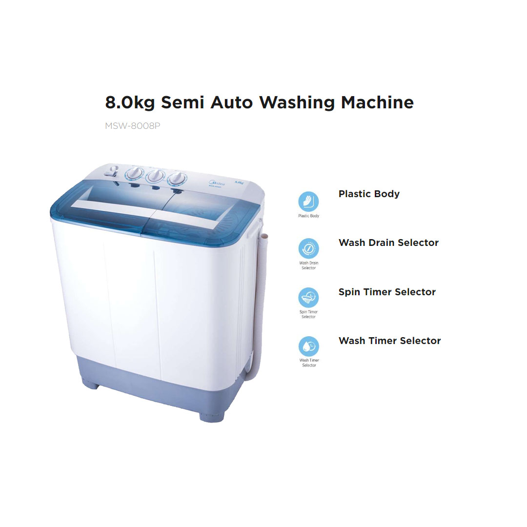Midea 8KG Semi-Auto Washing Machine MSW-8008P |  Wash Drain Selector | Wash Timer Selector | Spin Timer Selector | Fibre Body | Washing Machine with 1 Year Warranty