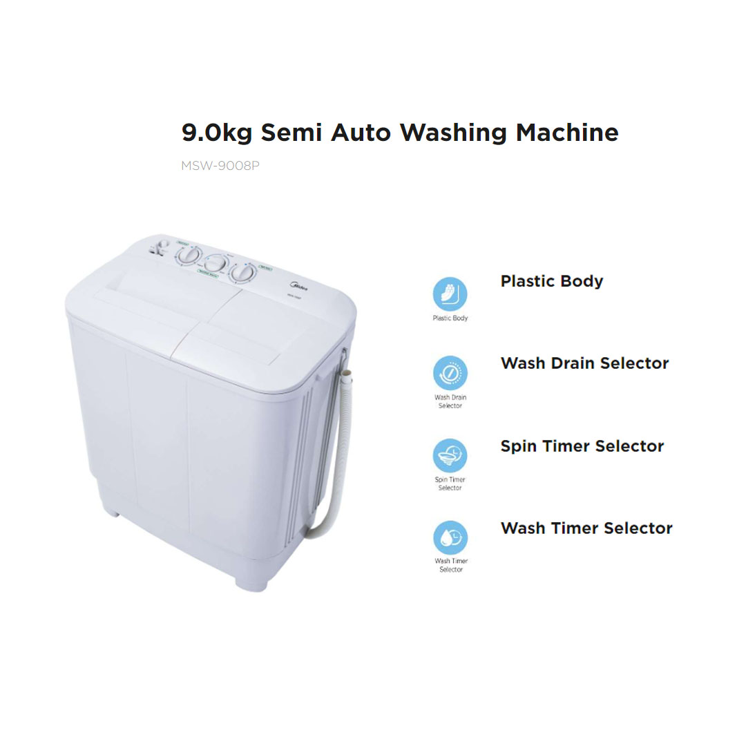 Midea 9KG Semi-Auto Washing Machine  MSW-9008P | Wash Drain Selector | Wash Timer Selector | Spin Timer Selector | Fibre Body | Washing Machine with 1 Year Warranty