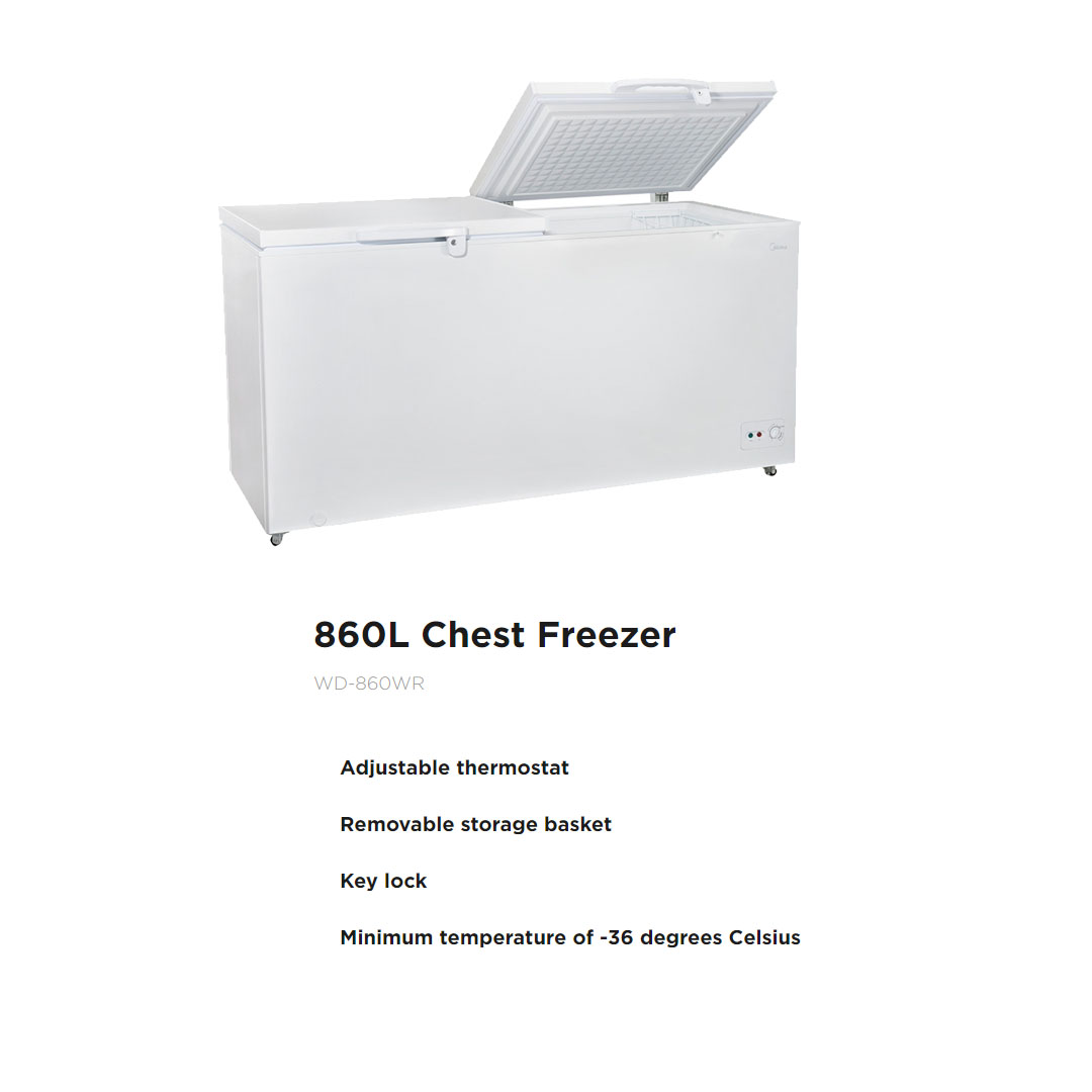 Midea 860L Chest Freezer WD-860WR | Removable Gasket | Rollers for Easy Movement | Silent Hinges | Fast Freezing : Reduces Freezing Time by up to 50% | Locks in Freshness | Environmentally Friendly | Freezer with 1 Year Warranty