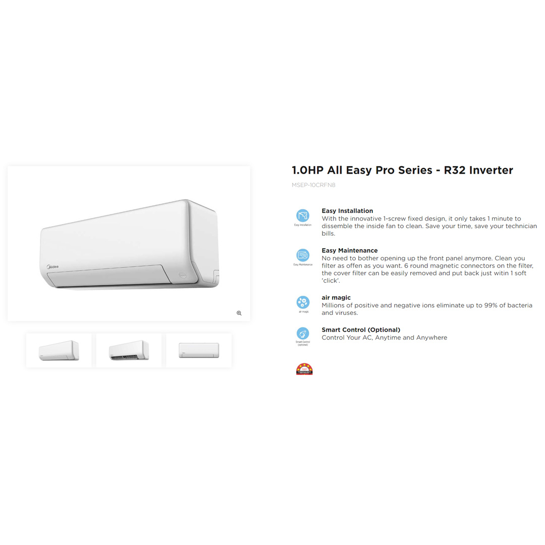 Midea 1HP R32 Inverter Wall Mount Air Conditioner MSEP-10CRFN8 | iECO Mode (Energy Saving) | Golden fin (Cooling Coil) | High Density Filter | Air Conditioner 2 Years Warranty