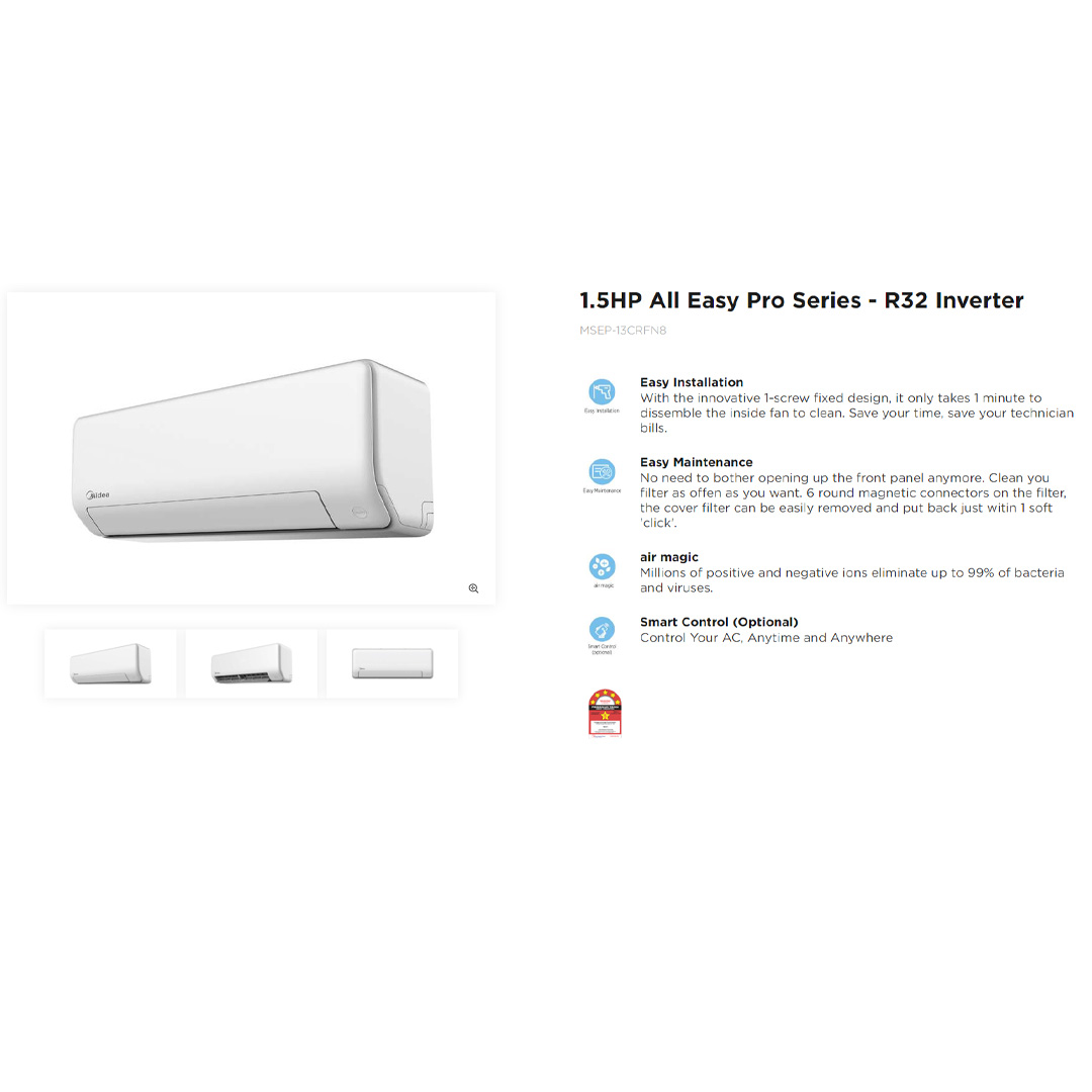 Midea 1.5HP R32 Inverter Wall Mount Air Conditioner MSEP-13CRFN8 | iECO Mode (Energy Saving) | Golden fin (Cooling Coil) | High Density Filter | Air Conditioner with Warranty