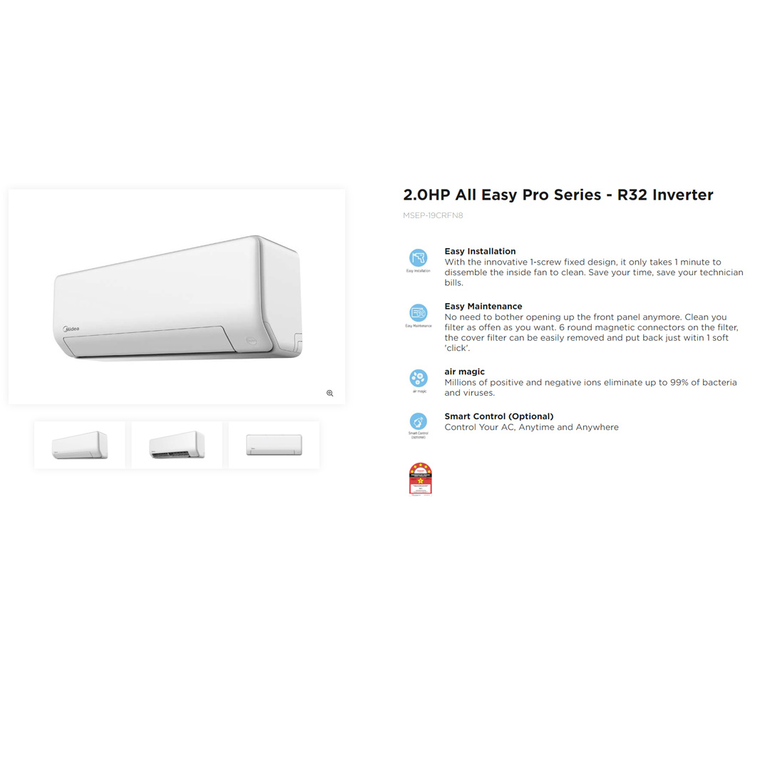 Midea 2HP R32 Inverter Wall Mount Air Conditioner MSEP-19CRFN8 | iECO Mode (Energy Saving) | Golden fin (Cooling Coil) | High Density Filter | Air Conditioner with 2 Years Warranty