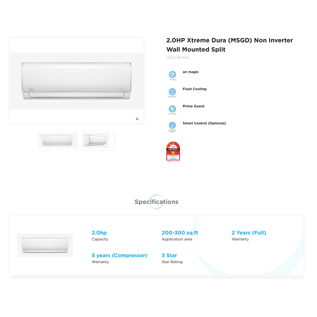 Midea 2HP R32 Xtreme Dura Non-Inverter Wall Mount Air Conditioner MSGD-18CRN8 | Prime Guard | Air magic | Cold Catalyst Filter | Air Conditioner with 2 Years Warranty