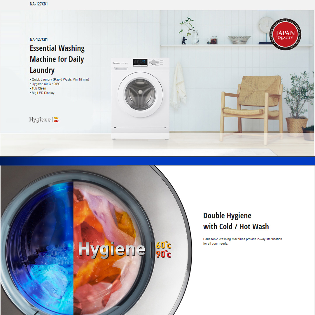 Panasonic 7KG Front Load Washing Machine NA-127XB1 | Big Led Display | Double Hygiene with Cold / Hot Wash | 99.99% Allergen & Bacteria Elimination for Delicate Skin | Washing Machine With 1 Year Warranty