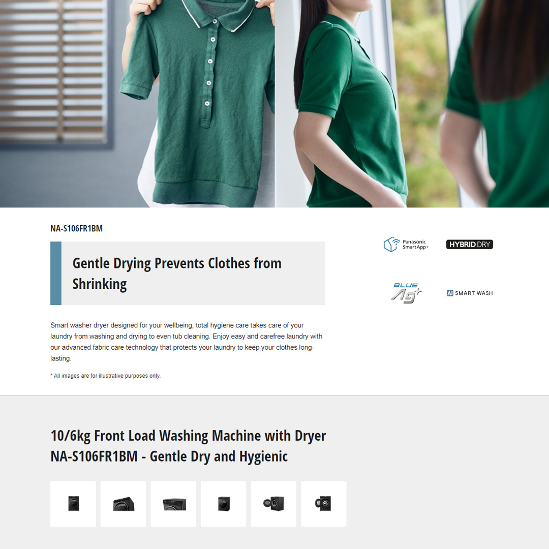 Panasonic 10KG/6KG Front Load 3Di Inverter Washer Dryer NA-S106FR1BM | Easy Drying Modes to Save Time | Gentle Drying for Longer-Lasting Clothes | Hygienic Drying with Bacteria Elimination | Washer Dryer With 1 Year Warranty